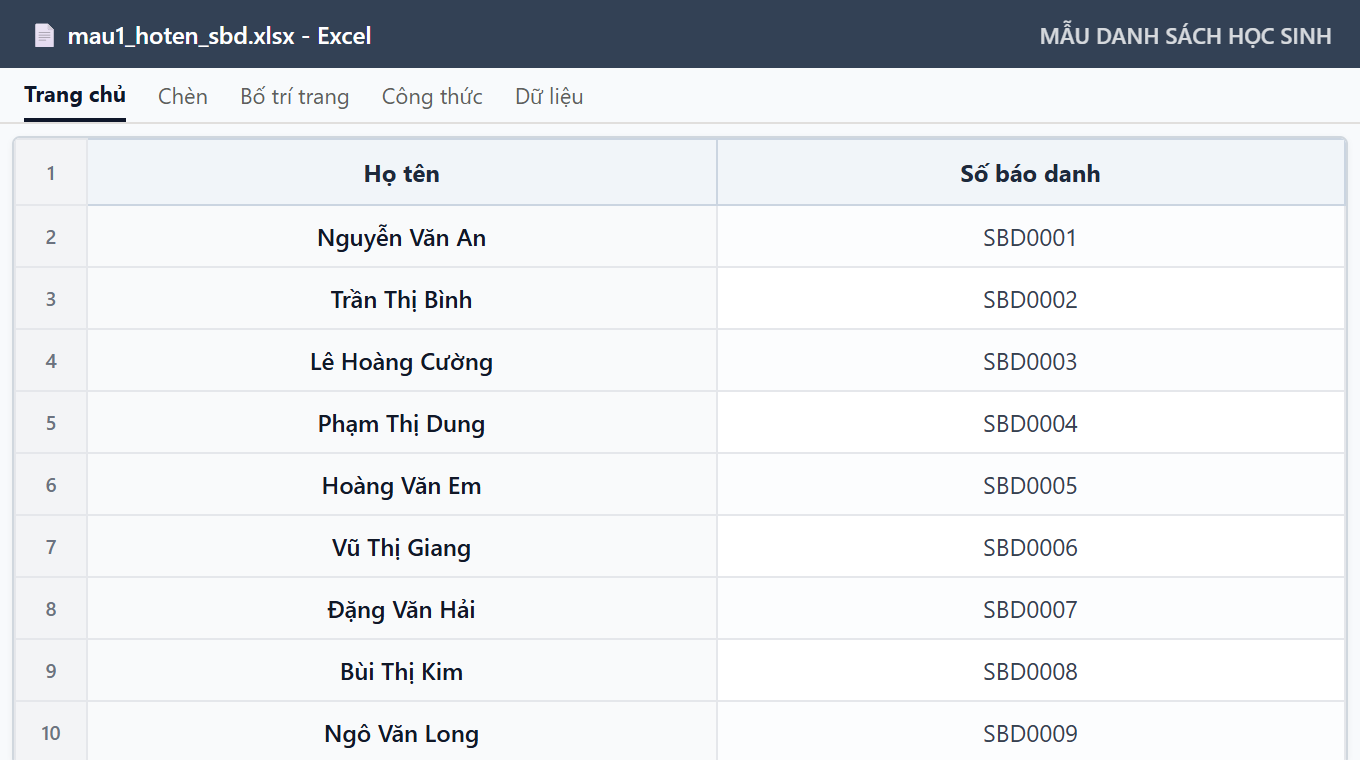 Mẫu 1: Họ tên — Số báo danh