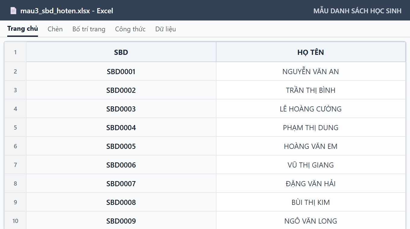 Mẫu 3: SBD — HỌ TÊN