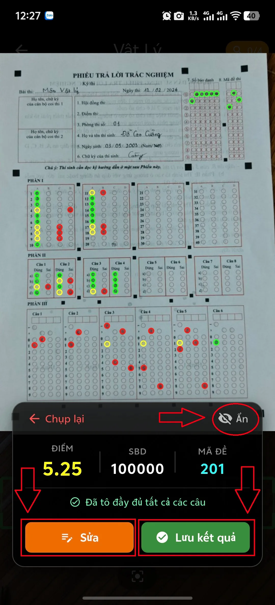 Bước 3: Giao diện khi chấm xong (chọn "ẩn" để xem kỹ bài kiểm tra, chọn "sửa" nếu có sai sót và chọn nút "Lưu" để lưu bài kiểm tra này lại)