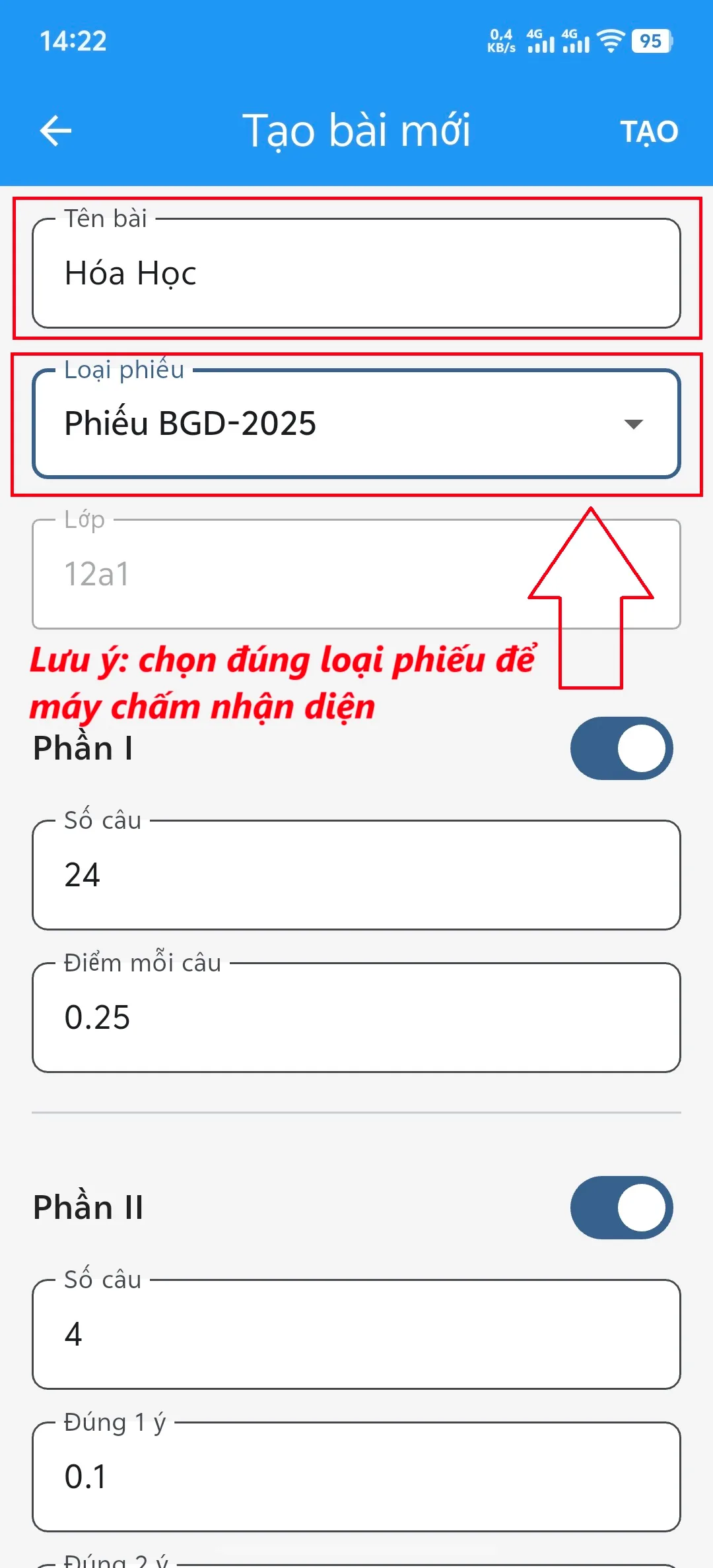 Bước 3: Nhập tên bài kiểm tra và chọn đúng loại phiếu chấm