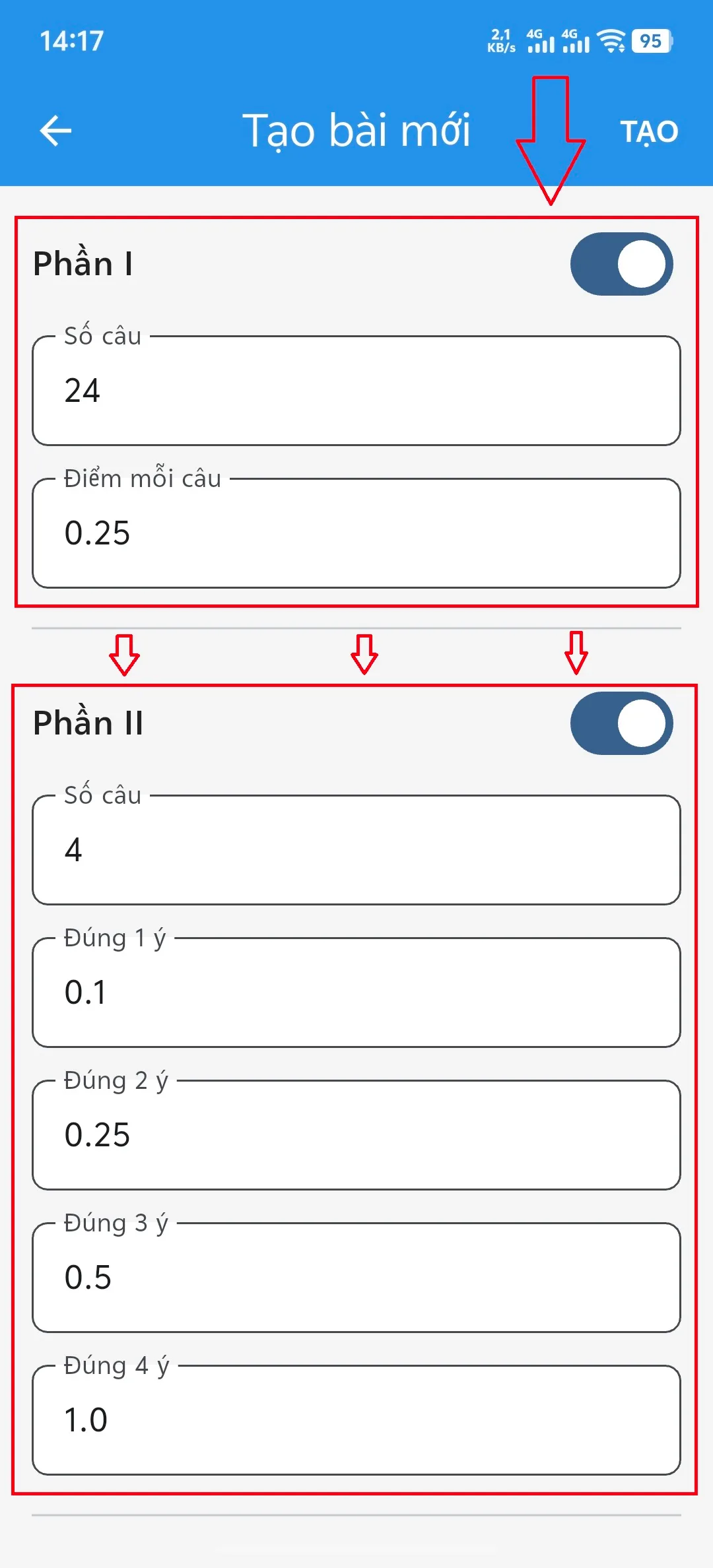 Bước 5: Cấu hình số câu cho Phần I và Phần II (thầy cô có thể chỉnh số câu và cấu hình điểm mỗi câu trả lời)