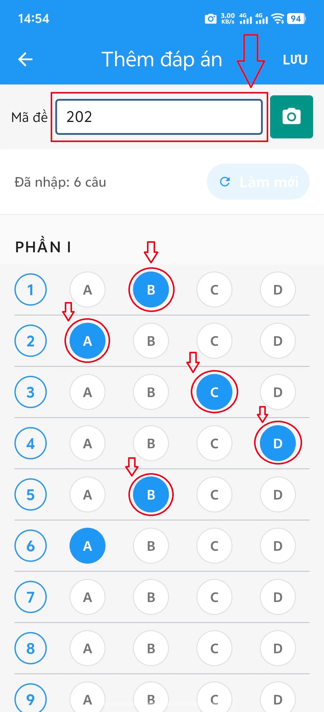 Bước 4: Giao diện nhập thủ công, thêm mã đề và cấu hình đáp án cho phần I (câu hỏi trắc nhiệm)