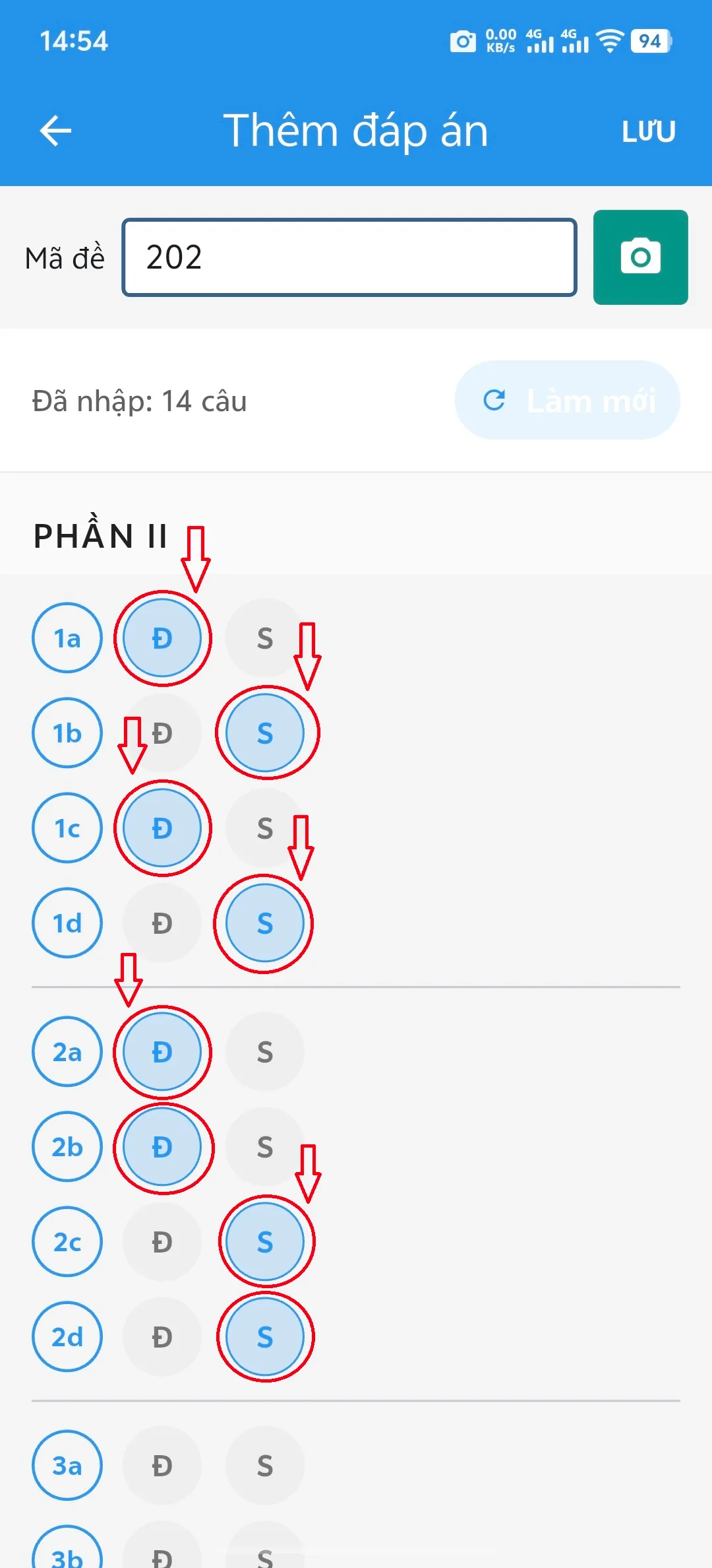 Bước 5: Cấu hình đáp án cho Phần II (câu hỏi đúng / sai)