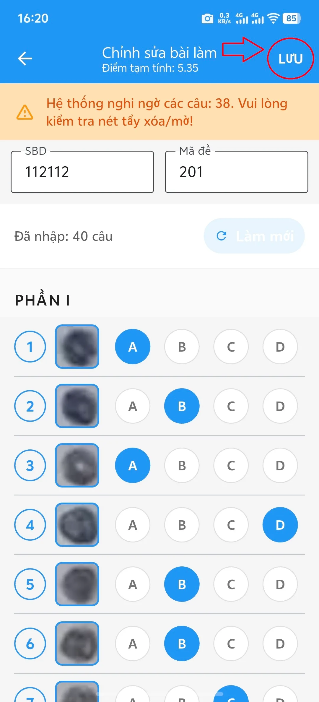 Bước 4: Giao diện chỉnh sửa đáp án cho phiếu, sửa xong thầy cô nhấn "Lưu"
