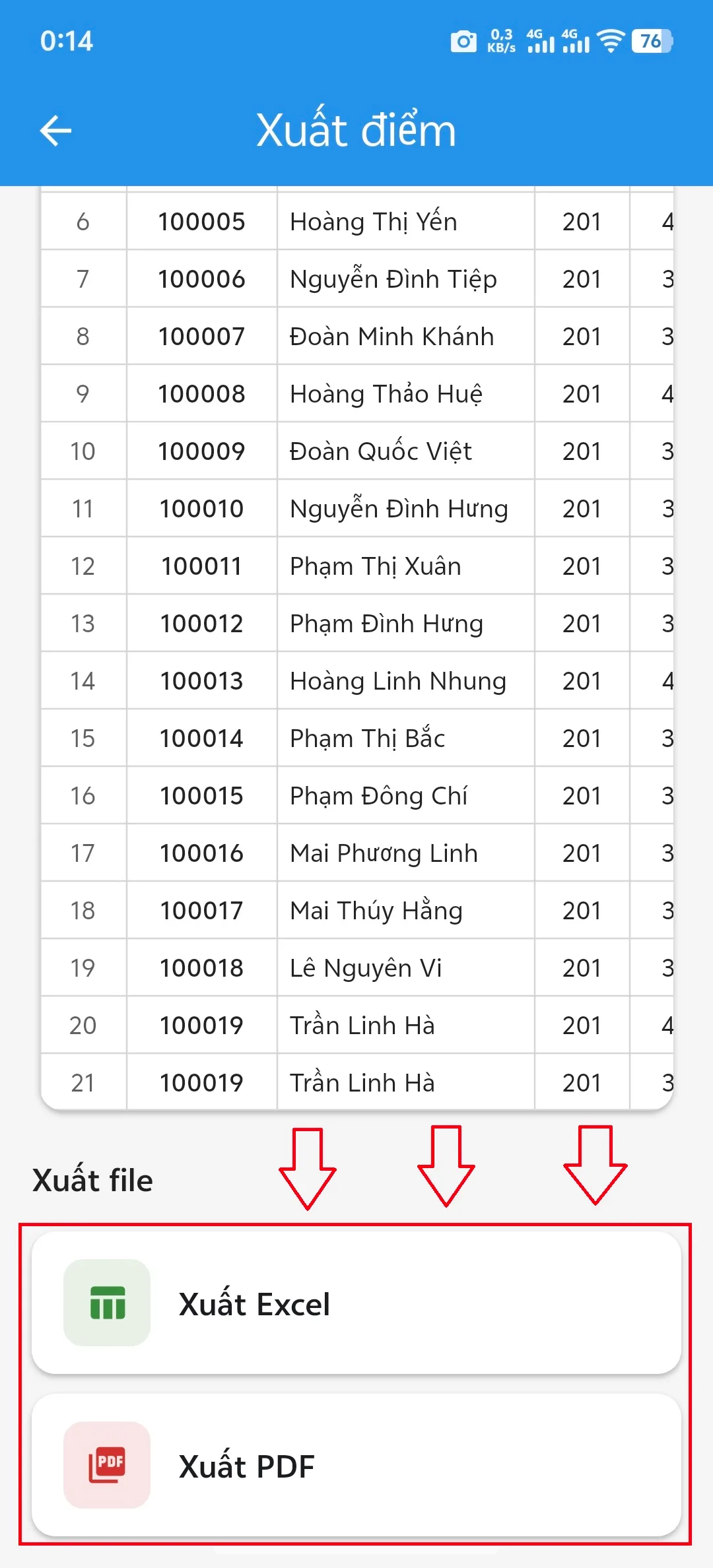 Bước 4: Có 2 chức năng "Xuất excel" và "Xuất pdf"